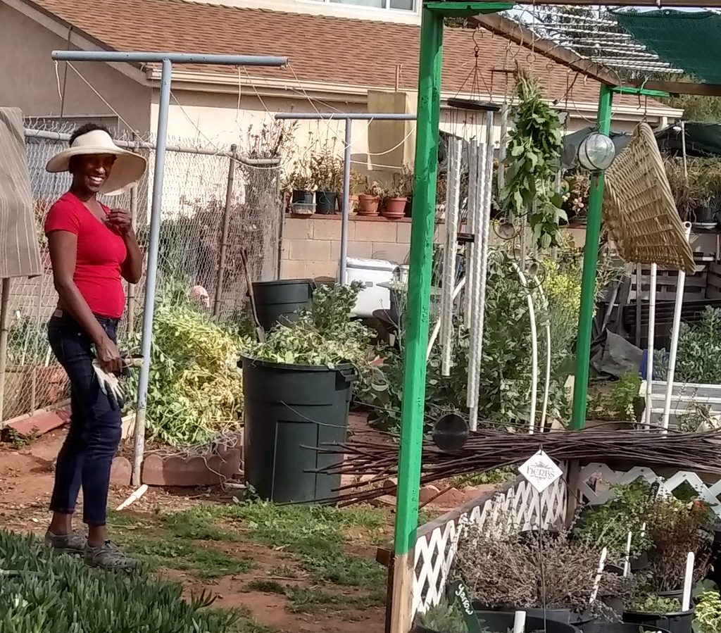 Mia Vaughnes working in Jeeni's garden